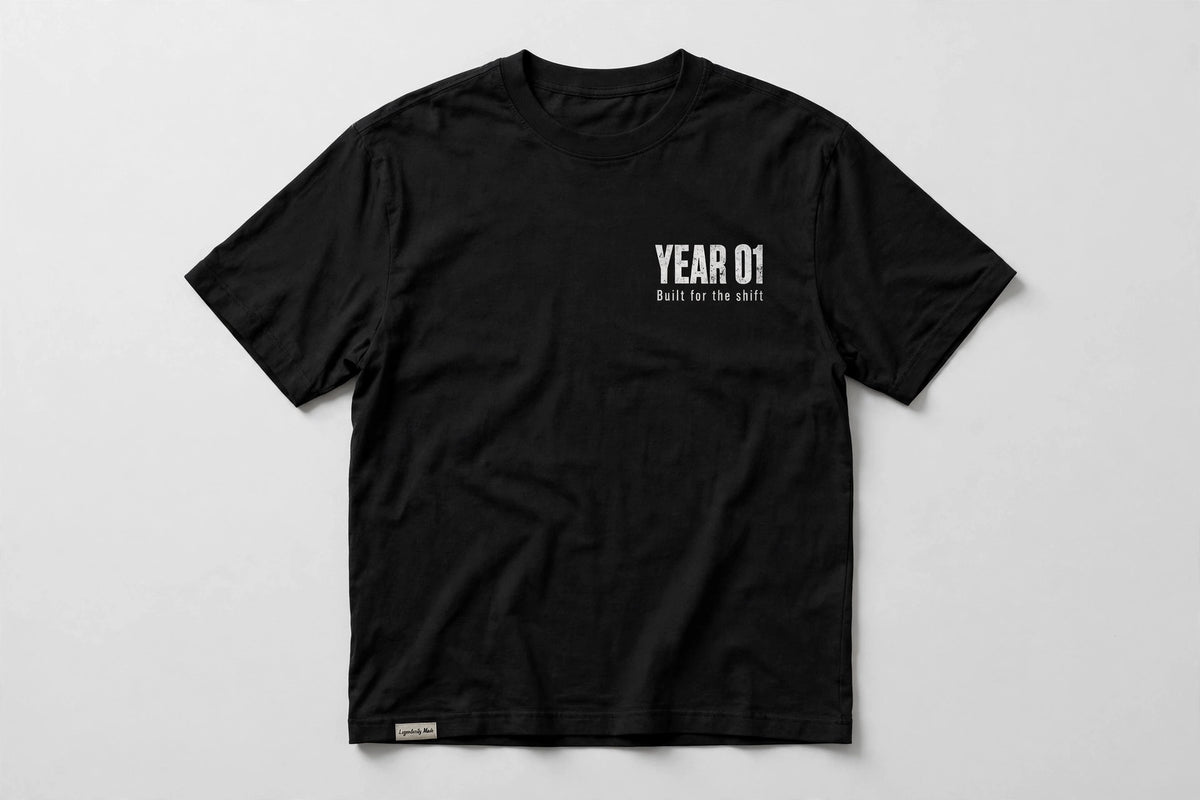 Legendarily Made YEAR 01 Tee - Black, Front Logo, Heavyweight Unisex Workwear T-Shirt