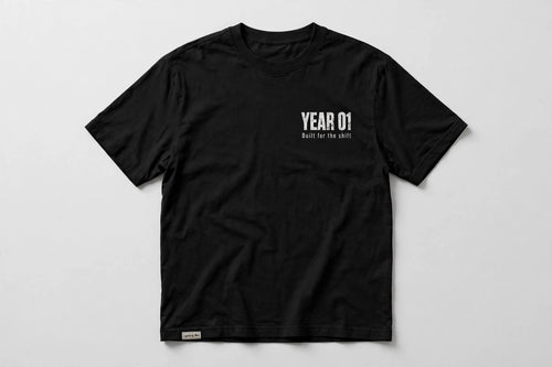 Legendarily Made YEAR 01 Tee - Black, Front Logo, Heavyweight Unisex Workwear T-Shirt