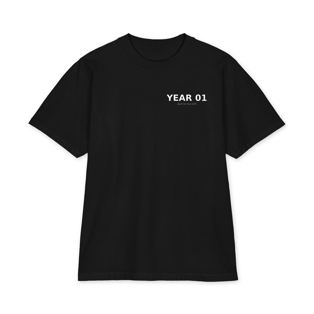 The Statement Heavyweight Tee black front - YEAR 01 chest logo